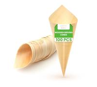 Disposable Wooden Serving Cones 100 Pcs |100% Biodegradable Ice Cream Snacks BBQ Holder (5cm Diameter x 9cm Depth) | Suitable for Christmas Weddings Parties Food Takeaway
