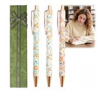 DISRIC 3Pcs Cute Pens Floral Ballpoint Pen Set in Gift Box,1.0mm Black Ink Retractable Smooth Writing Pretty Pens,Fancy Pen for Women Teachers Ladies Birthday Gifts