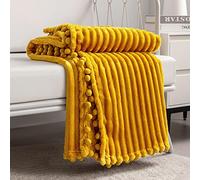 DISSA Fleece Blanket: Soft, Voluminous Fluffy Warm Cozy Perfect Throw for Couch Bed Sofa with Pom Poms Hem Flannel Blanket Throws Single Size 60 x 80 Inches Yellow