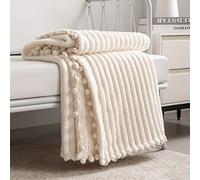 DISSA Fleece Blanket:Soft Voluminous Fluffy Warm Cozy Perfect Throw for Couch Bed Sofa with Pom Poms Hem Flannel Blanket Throw Single Size 60 x 80 Inches Beige