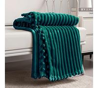 DISSA Fleece Blanket: Soft, Voluminous Fluffy Warm Cozy Perfect Throw for Couch Bed Sofa with Pom Poms Hem Flannel Blanket Throw Size 130 x 160 cm (51 x 63 inches) Green