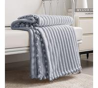 DISSA Fleece Blanket: Soft, voluminous, fluffy, warm, cozy, perfect throw for couch, bed, sofa, with pom-poms at the hem, flannel blanket, throw in Queen-size of approx. 229 x 229 cm, Grey