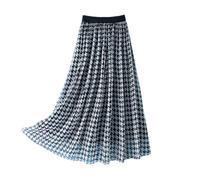 DISSA Women 100% Silk Skirt Black&White Hounds Tooth Elasticated Waist Flowy Midi Pleated Skirt,UK 12,S2010-18