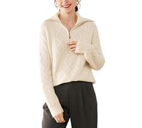 DISSA Women Cashmere Half-Zip Lapel Diamond Cable Jumper,Off-White,12