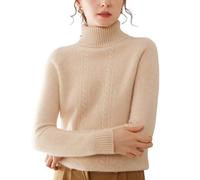 DISSA Women Cashmere Jumper Beige Roll Neck Knitted Jumper Long Sleeve Relaxed Cashmere Wool Thick Cable Ladies Sweater,UK 8,SH530