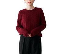 DISSA Women Cashmere Jumper Burgundy Crewneck Knitted Jumper Long Sleeve Relaxed Cashmere&Wool Thick Cable Ladies Sweater,UK 12,MR502