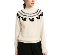 DISSA Women Cashmere Jumper Off-White Stand Neck Knitted Jumper Long Sleeve Relaxed Cashmere Wool Thick Rabbit-Patterned Ladies Sweater,UK 12,MZ2422