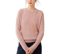 DISSA Women Cashmere Jumper Pink Crewneck Knitted Jumper Long Sleeve Relaxed Cashmere Wool Thin Cable Ladies Sweater,UK 10,SPR2438
