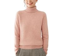 DISSA Women Cashmere Jumper Pink Roll Neck Knitted Jumper Long Sleeve Relaxed Cashmere&Wool Thick Plain Ladies Sweater,UK 14,MH560