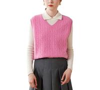 DISSA Women Cashmere Pink Jumper Sleeveless V-Neck Relaxed Cashmere Wool Thick Vest Cable Ladies Sweater,14,SPR2333