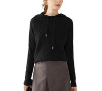 DISSA Women Cashmere Raglan Hoodie Diamond Cable Jumper,Black,8