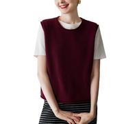 DISSA Women Cashmere Sleeveless Jumper Burgundy Crewneck Knitted Jumper Fitted Cashmere&Wool Thin Plain Ladies Sweater,UK 14,MY2541