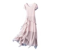 DISSA Women Light Pink 100% Silk Dress Solid Round Neck Sleeveless Silk Knee-Length Casual Cocktail Party Prom Dress Asymmetric Slim Mulberry Silk Flowy Dress,UK 14,D6608