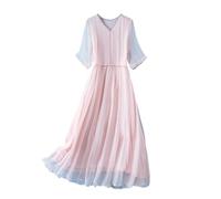 DISSA Women Pink 100% Silk Dress Solid V-Neck Short Sleeve Silk Knee-Length Casual Cocktail Party Prom Dress Pleated High-Waisted Mulberry Silk Flowy Dress,UK 12,D2011