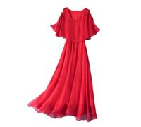 DISSA Women Red 100% Silk Dress Solid V-Neck Sleeveless Silk Maxi Casual Cocktail Party Prom Dress Ruffled Elastic Waist Mulberry Silk Flowy Dress,UK 14,D6602