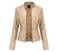 DISSA Women's Beige Faux Leather Biker Jacket Short PU Moto Biker Outwear Fitted Zipper Jacket Stand Collar Spring and Autumn Coat,14,PN767