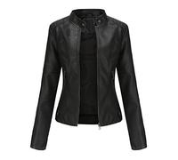 DISSA Women's Black Faux Leather Biker Jacket Short PU Moto Biker Outwear Fitted Zipper Jacket Stand Collar Spring and Autumn Coat,12,PN767