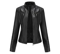 DISSA Women's Black Faux Leather Biker Jacket Short PU Moto Biker Outwear Fitted Zipper Jacket Stand Collar Spring and Autumn Coat,16,PN788