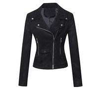 DISSA Women's Black Suede Leather Biker Jacket Short PU Moto Biker Outwear Fitted Zipper Jacket Lapel Spring and Autumn Coat,P120-1,L