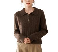 DISSA Women's Collared Long-Sleeve Knit Cashmere Wool Jumper,UK 8-16 | Weekend brunch,cable twisted knit,button placket detail,ribbed cuffs,rich warmth,soft drape,loose fit