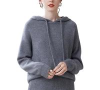 DISSA Women's Hooded Long-Sleeve Knit Cashmere Wool Jumper,UK 12-16 | Weekend outing,heavy plain knit,adjustable drawcords,front patch pockets,raglan shoulders,plush warmth,stretchy weave,loose