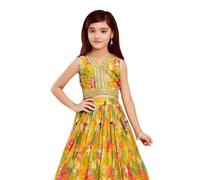 disson Traditional Floral Lehenga Choli Set, Yellow with Pink Flowers, Embroidered Border, Sleeveless Crop Top (UK, Age, 8 Years, YellowPink)