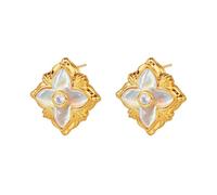 DISTANT DRUMS Gold Clover Necklaces for Women, Double-Sided Pendant 18K Gold Plated with Real Gemstone,Inlaid mother of Pearl Necklace,Celebrity Jewelry, Medium, Gold Plated, fritillaria colourful