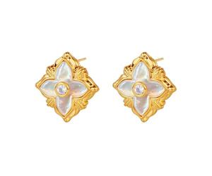 DISTANT DRUMS Gold Clover Necklaces for Women, Double-Sided Pendant 18K Gold Plated with Real Gemstone,Inlaid mother of Pearl Necklace,Celebrity Jewelry, Medium, Gold Plated, fritillaria colourful