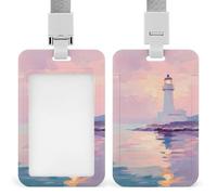 Distant Ocean Lighthouse Dreamy Pastel Sky ID Badge Holder Retractable Clip Card Holder Card Protector Name Badge Name Tag for Work Office Doctor Nurse