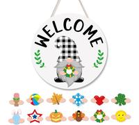 Distaratie Interchangeable Seasonal Spring Gnome Welcome Sign for Front Door Easter Decor Rustic Wooden Gnome Door Hanger Farmhouse Gift for Happy Holiday Winter Decor White 12 Inches