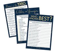 DISTINCTIVS Birthday Party Games - Born in The 1980s Navy Blue and Gold Birthday Game Bundle - Set of 3 Games for 20 Guests