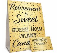 DISTINCTIVS Retirement Party Game - Guess How Many Candies in The Jar - Black and Gold Retirement Game with 5" x 7" Sign and 30 Guessing Cards