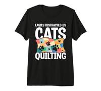 Distracted By Quilting and Cats Lover Quilt Maker Hobby Premium T-Shirt