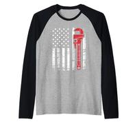 Distressed American Flag Pipe Wrench Plumber Tradesman Raglan Baseball Tee