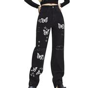 Distressed Butterfly Print Women's Jeans Elastic Jeans High Waist Straight Leg Jeans Long Trousers Women's Trousers Baggy Leisure Trousers Outdoor Trousers Lightweight Outdoor Loose Autumn, black, XL