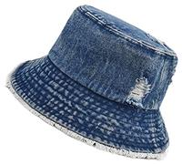 Distressed Denim Bucket Hat Ripped Frayed Edge Sun Hat for Women Men, Deep Blue, M/L