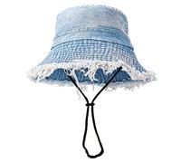 Distressed Denim Bucket Hat Ripped Frayed Edge Sun Hat for Women Men, Light Blue, M/L