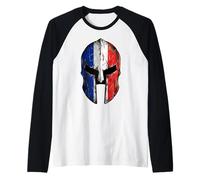 Distressed French Flag Spartan Warrior Helmet Raglan Baseball Tee