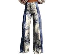 Distressed Jeans for Women Women's Vintage Flower Print Casual Wide Leg Pants Black Dress Pants Women (A-8-Light Blue, XL)