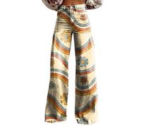 Distressed Jeans for Women Women's Vintage Flower Print Casual Wide Leg Pants Black Dress Pants Women (A-1-Yellow, L)
