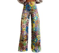 Distressed Jeans for Women Women's Vintage Flower Print Casual Wide Leg Pants Black Dress Pants Women (A-6-Yellow, S)
