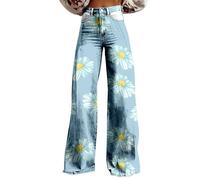 Distressed Jeans for Women Women's Wide Leg Pant Vintage Floral Print High Waisted Straight Stretch Pants with Pockets Black Dress Pants Women (A-5-Blue, L)