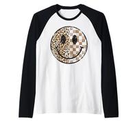 Distressed Leopard Plaid Happy Face Grunge Style Checkered Raglan Baseball Tee