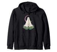Distressed Meditating Ghost Lotus Moon Mystical Halloween Zip Hoodie