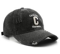 Distressed Ripped Baseball Cap, Light Acid Washed Denim, California Cap Dad Hat Trucker hat, Adjustable Clip, Black, One Size-Large