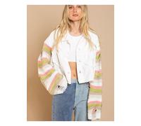 Distressed Striped Long Sleeve Denim Jacket- White Everyday The Label White 14