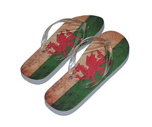 Distressed Wales Welsh Dragon Flag Design Ladies Flip Flops (White Sole & Clear Straps Ladies UK Shoe 4-8 / Euro 37-41)