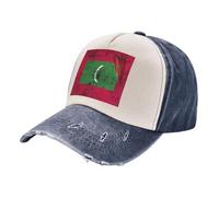 Distressed Washed Trucker Hat with Maldives Flag Design, Retro Denim Color Block Cap, Four-Season Outdoor Headwear Modern Classic Style Comfort Fit 5 One Size