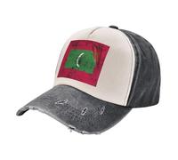 Distressed Washed Trucker Hat with Maldives Flag Design, Retro Denim Color Block Cap, Four-Season Outdoor Headwear Modern Classic Style Comfort Fit 4 One Size