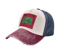 Distressed Washed Trucker Hat with Maldives Flag Design, Retro Denim Color Block Cap, Four-Season Outdoor Headwear Modern Classic Style Comfort Fit 1 One Size